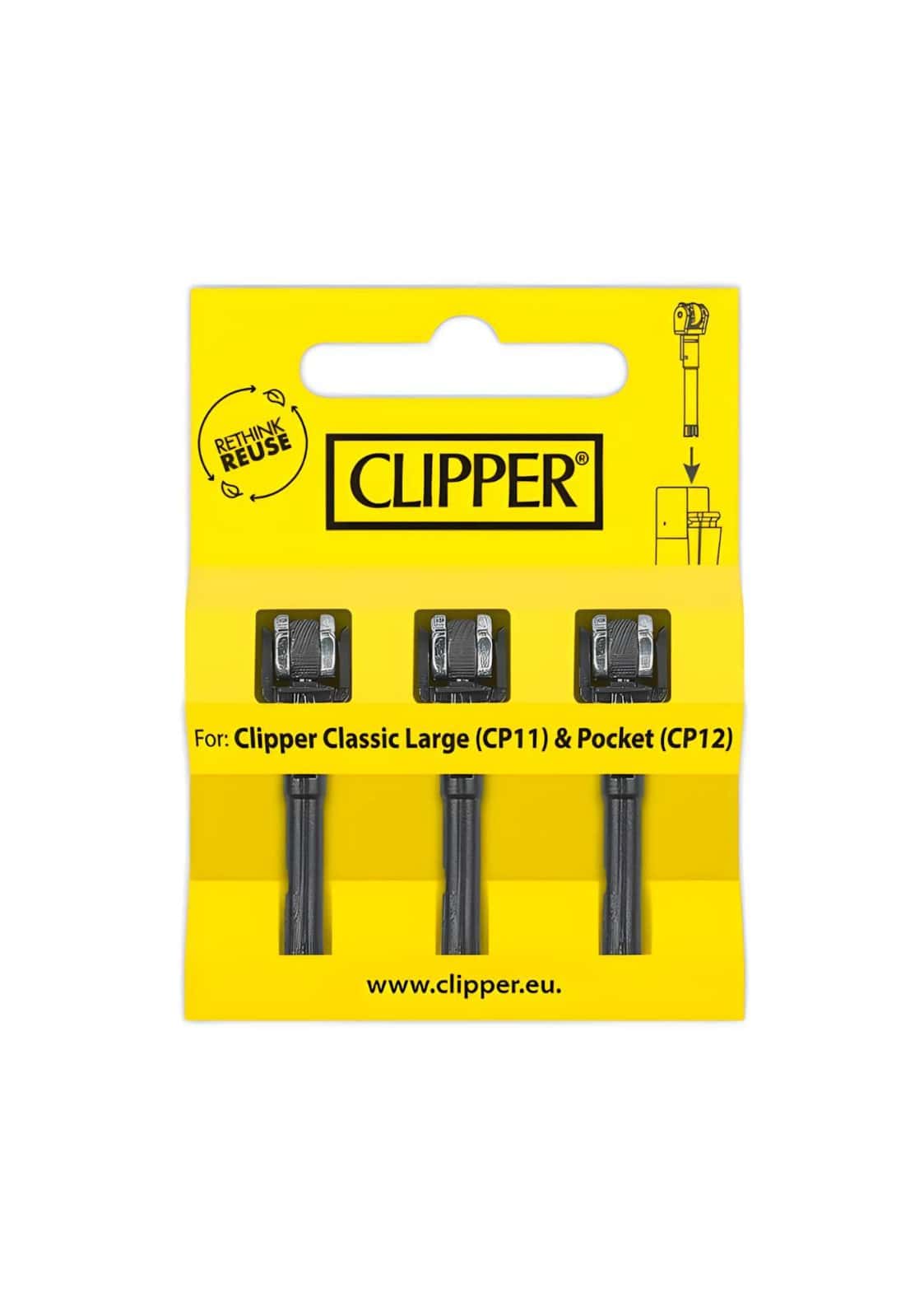 Drei schwarze ersatz-feuersteine in gelber verpackung für original clipper feuerstein-system clipper classic large